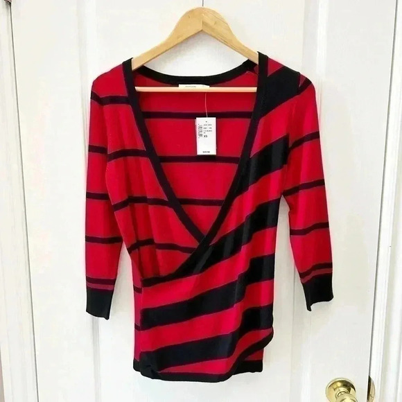 Ricki’s Wrap Front Sweater Deep V Neckline Thin Knit Red Black Stripes XS - Picture 3 of 15